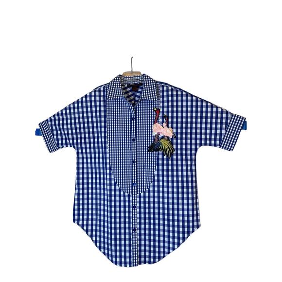 Pings Imports Pleats Collection Pink Flamingo Applique on Gingham Print in Blue - Picture 1 of 5